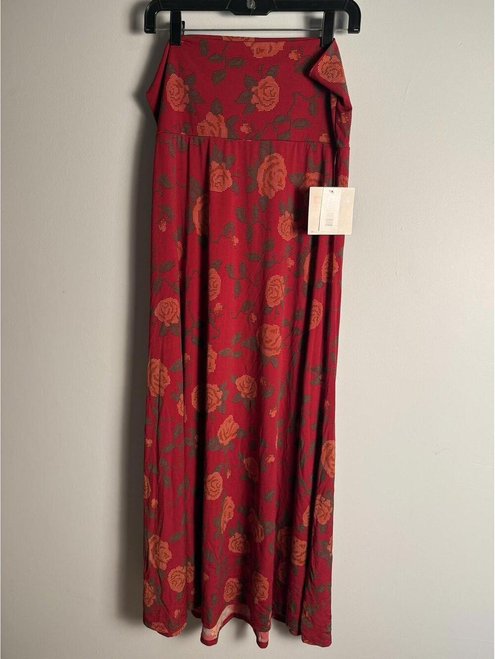 LuLaRoe Maxi Skirt Dress Floral Roses Maroon Flowy High Yoga Waist Large NWT